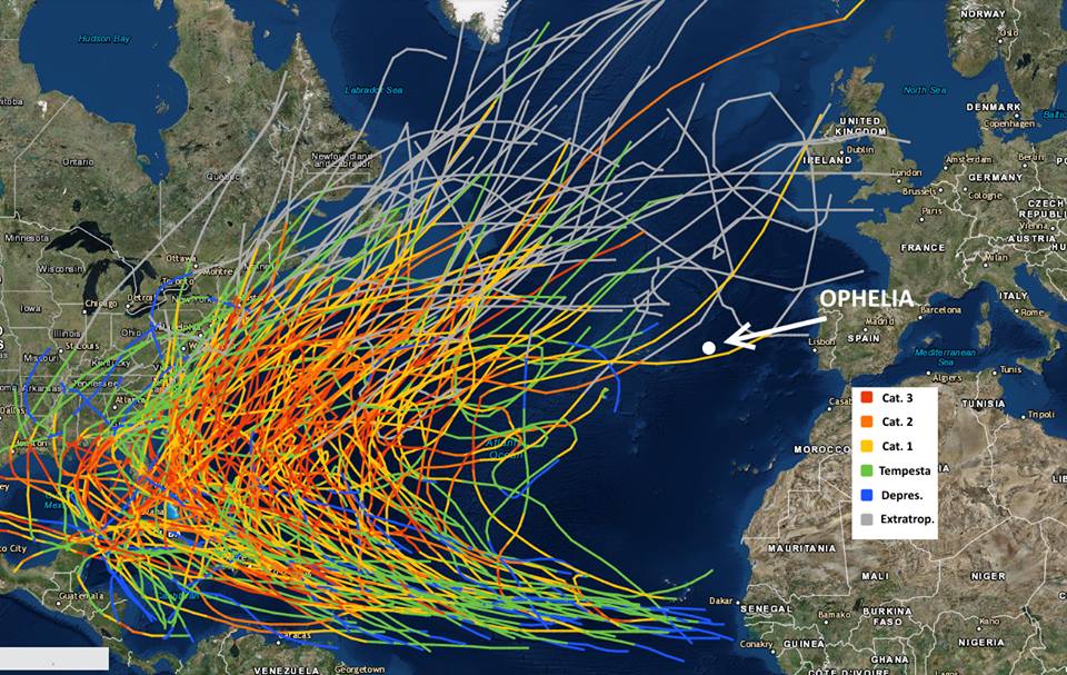Tracciato degli uragani che hanno colpito l'Oceano Atlantico dal 1842 al 2016. Credit: National Hurricane Center. 