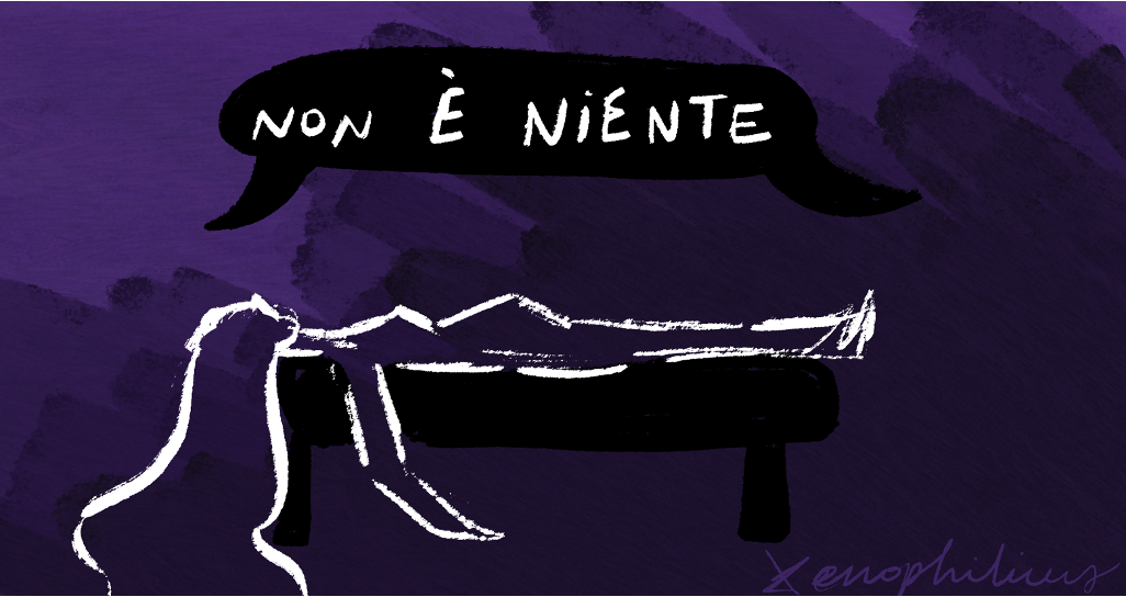 disegno di donna stesa su sfondo viola