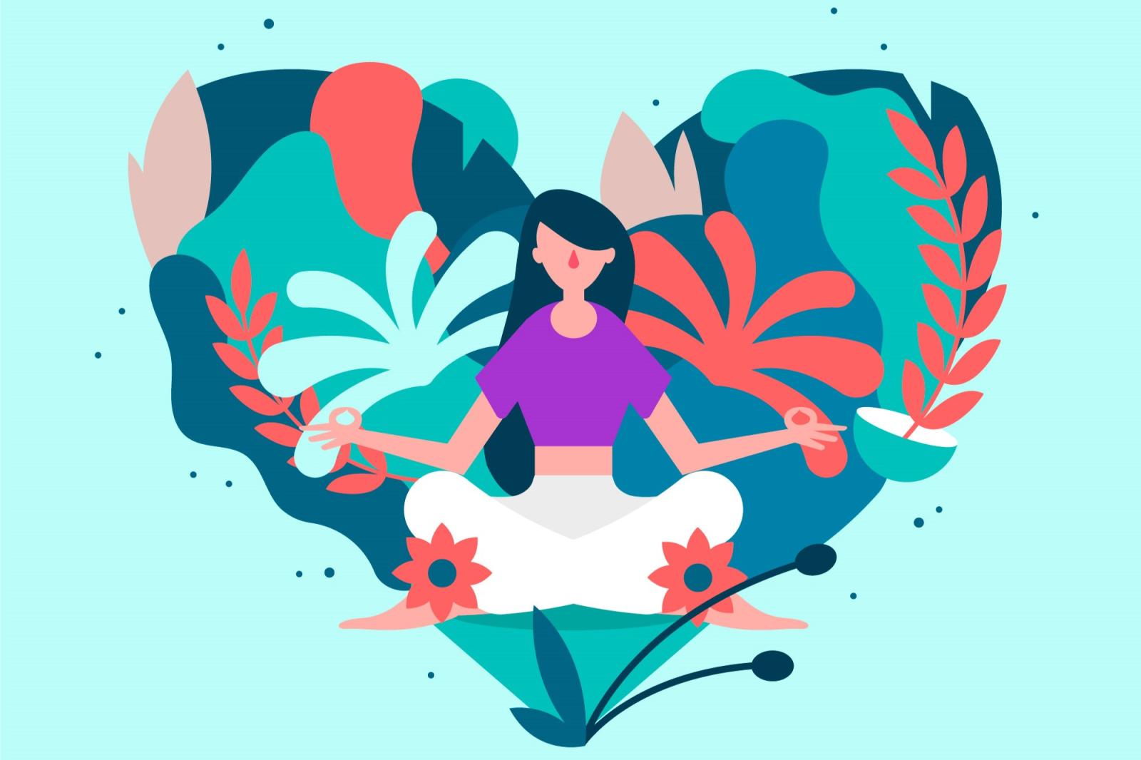Una ragazza nella posizione yoga del fior di loto è seduta sullo sfondo di un cuore composto da fiori e foglie