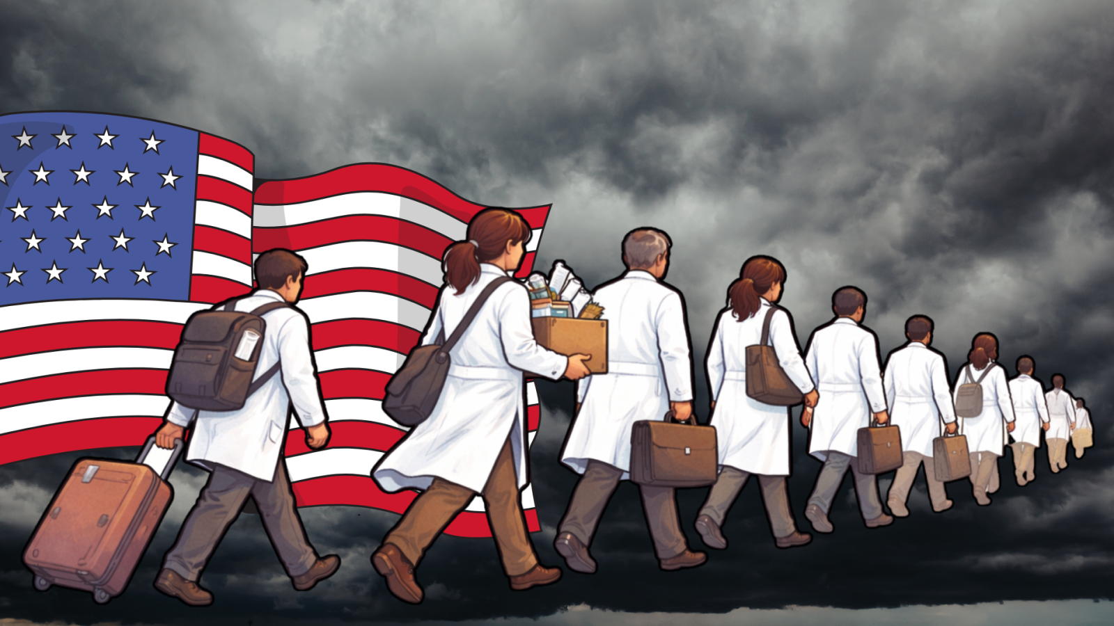 fila di dottori in ricerca su sfondo cupo e bandiera statunitense