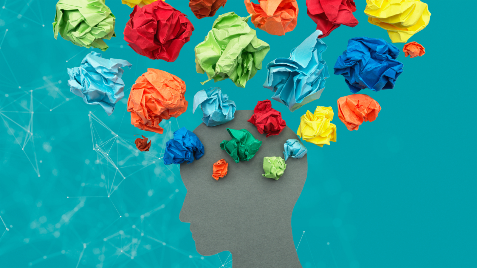 sagoma di volto con fogli colorati che escono dalla testa