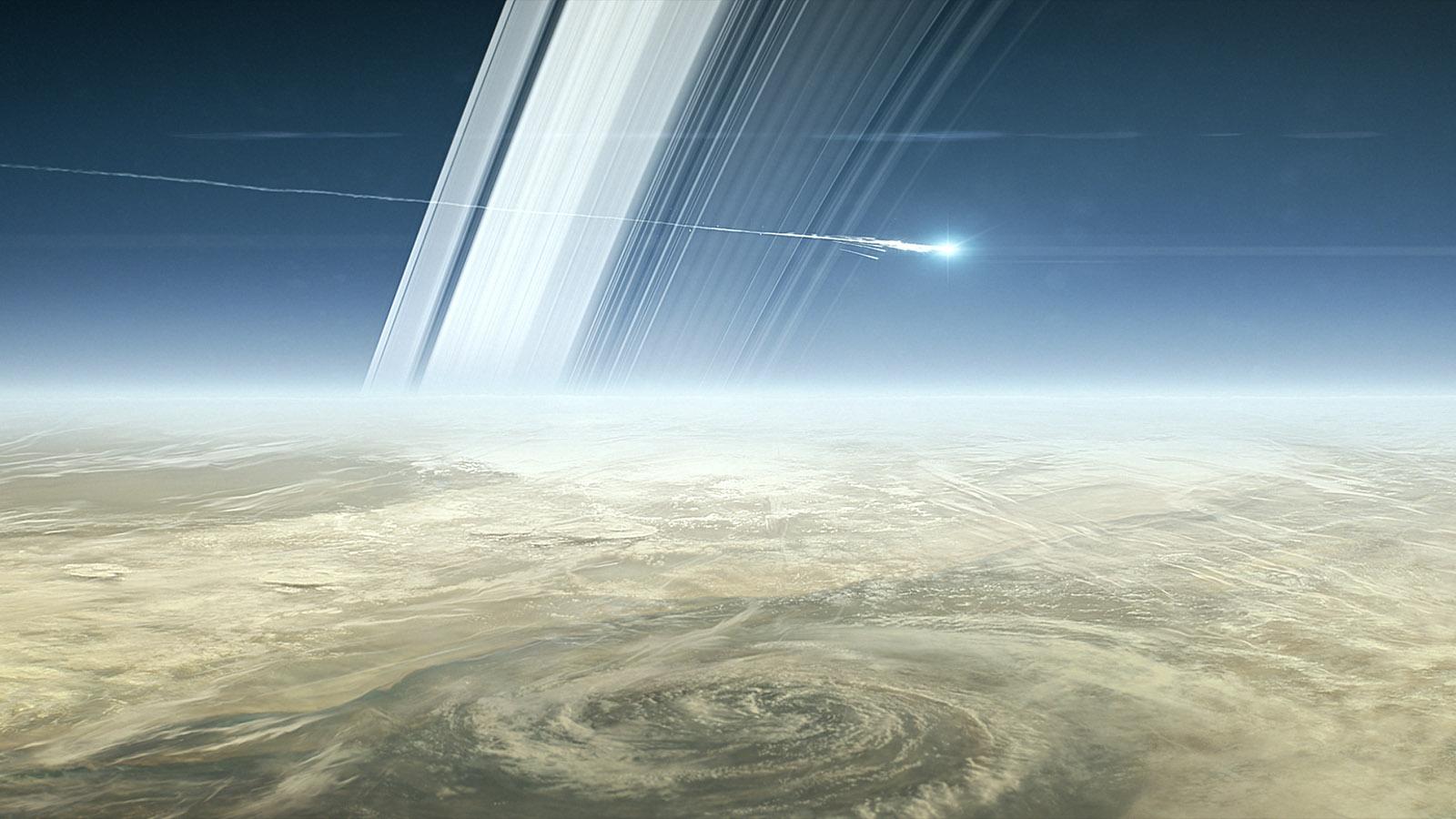 In questo fotogramma del film di animazione Cassini's Grand Finale la distruzione della sonda dopo l'ingresso nell'atmosfera di Saturno. La fine della missione è prevista per il 15 settembre 2017. Credit: NASA/JPL-Caltech. 