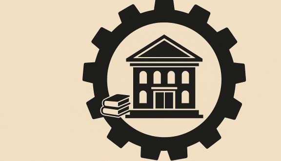 imagine vettoriale di un edificio universitario e libri inserito in un ingranaggio ministeriale