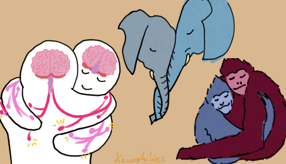 disegno di animali umani e non umani che si abbracciano