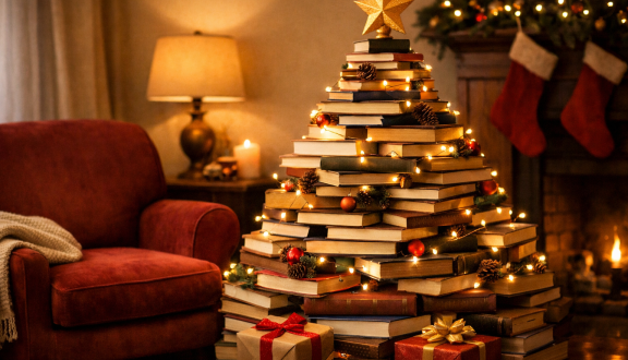 In un salotto caldo e confortevole, addobbato per Natale, l'abete è tutto formato da libri impilati