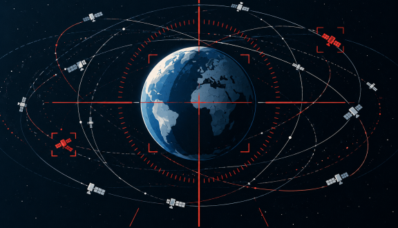 reticolo di orbite terrestri trasformato graficamente in un mirino