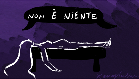 disegno di donna stesa su sfondo viola