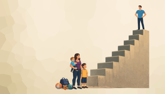 uomo in alto e donna con figli in basso