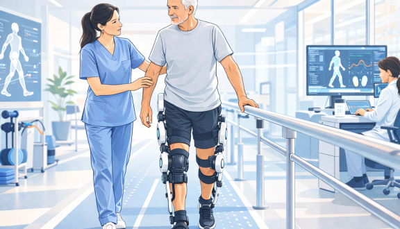 Una persona che indossa un esoscheletro a fianco di una fisioterapista in un laboratorio di analisi del movimento