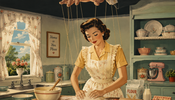 Una donna in abiti vintage impasta il pane tenuta da fili da marionetta