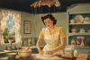 Una donna in abiti vintage impasta il pane tenuta da fili da marionetta