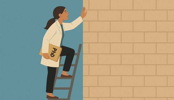 una ricercatrice che scale una scala trovandosi di fronte un muro
