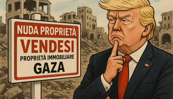 Trump pensieroso di fronte a un cartello vendesi nuda proprieta con la proprieta immobiliare di Gaza