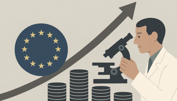 Immagine di uno scienziato al microscopio con pile di monete e il simbolo dell'Unione europea sullo sfondo 