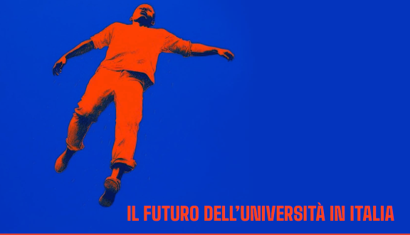 Immagine di un uomo arancione che galleggia in aria contro uno sfondo blu e la scritta "Il futuro dell'Università in Italia"