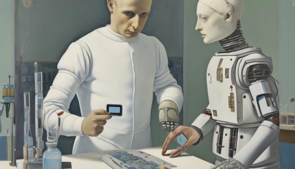 Ritratto immaginario di un ricercatore umano e del suo assistente robot
