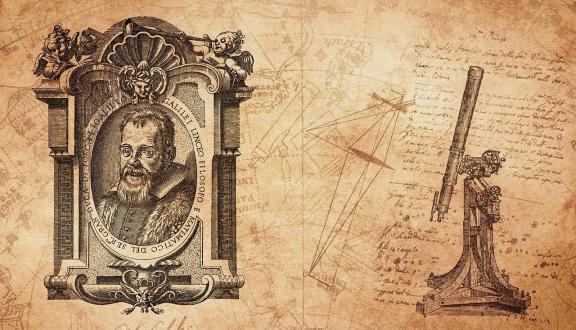 Incisione d'epoca che ritrae Galileo Galilei accanto a un telescopio