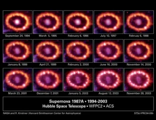 Sequenze di immagini della supernova SN 1987A nel periodo compreso fra il 1994 e il 2003 (HST). Sequenze di immagini della supernova SN 1987A nel periodo compreso fra il 1994 e il 2003 (HST).
