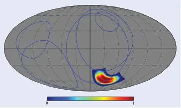 Figura 1 - Le linee chiuse blu indicano i radio loops identificati da Sarkar e colleghi analizzando i dati del satellite WMAP. Colorata, nel quadrante in basso a sinistra, è…