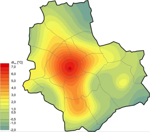Figura 1 - Mappatura dell’intensità dell’isola di calore nella città di Varsavia