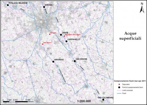 Figura 2 Localizzazione dei punti di prelievo lungo i corsi d’acqua analizzati e dei principali depuratori di Milano