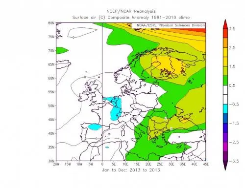 Figura 2 – Anomalia di temperatura del 2013 rispetto al trentennio di riferimento 1961-90