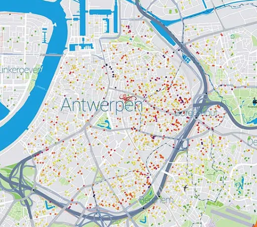 Particolare della mappa dei rilevamenti nella città di Anversa