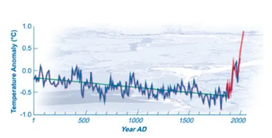 Figura 4: Ricostruzione delle temperature degli ultimi 2000 anni nella zona Artica (latitudine superiore a 60°N), espresse in termini di variazioni rispetto al valore medio…