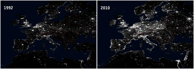 Eloquente confronto tra due immagini notturne dell’Europa vista dallo spazio raccolte nel 1992 e nel 2010 dai satelliti statunitensi DMSP (Defense Meteorological Satellite…
