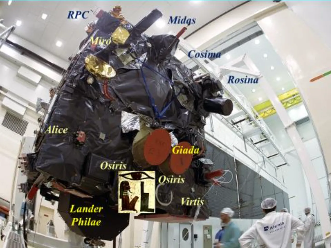Figura 1 - Rosetta nello stabilimento Thales Alenia Space (Torino) nel 2001. Sulla destra si vede uno dei due pannelli solari, sulla sinistra in basso il modulo di atterraggio…