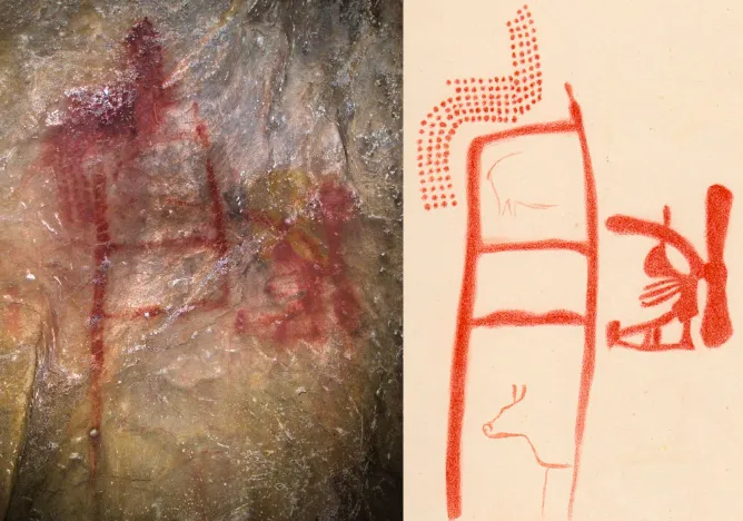 La Pasiega C, motivo rettangolare scalariforme con figure zoomorfe incomplete e punti rossi. Sinistra
