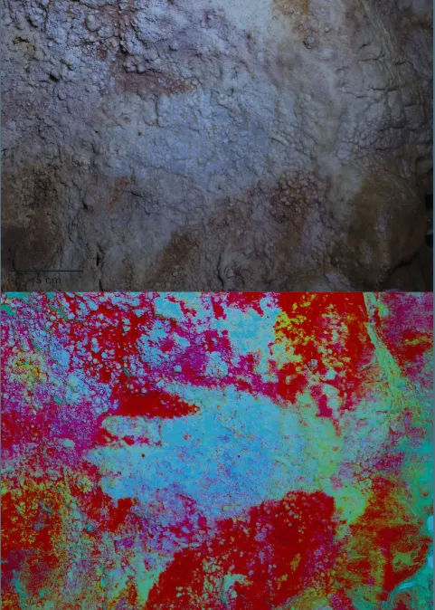 Stencil di mano, nella grotta Maltravieso. La figura in alto rappresenta la scena originale, la