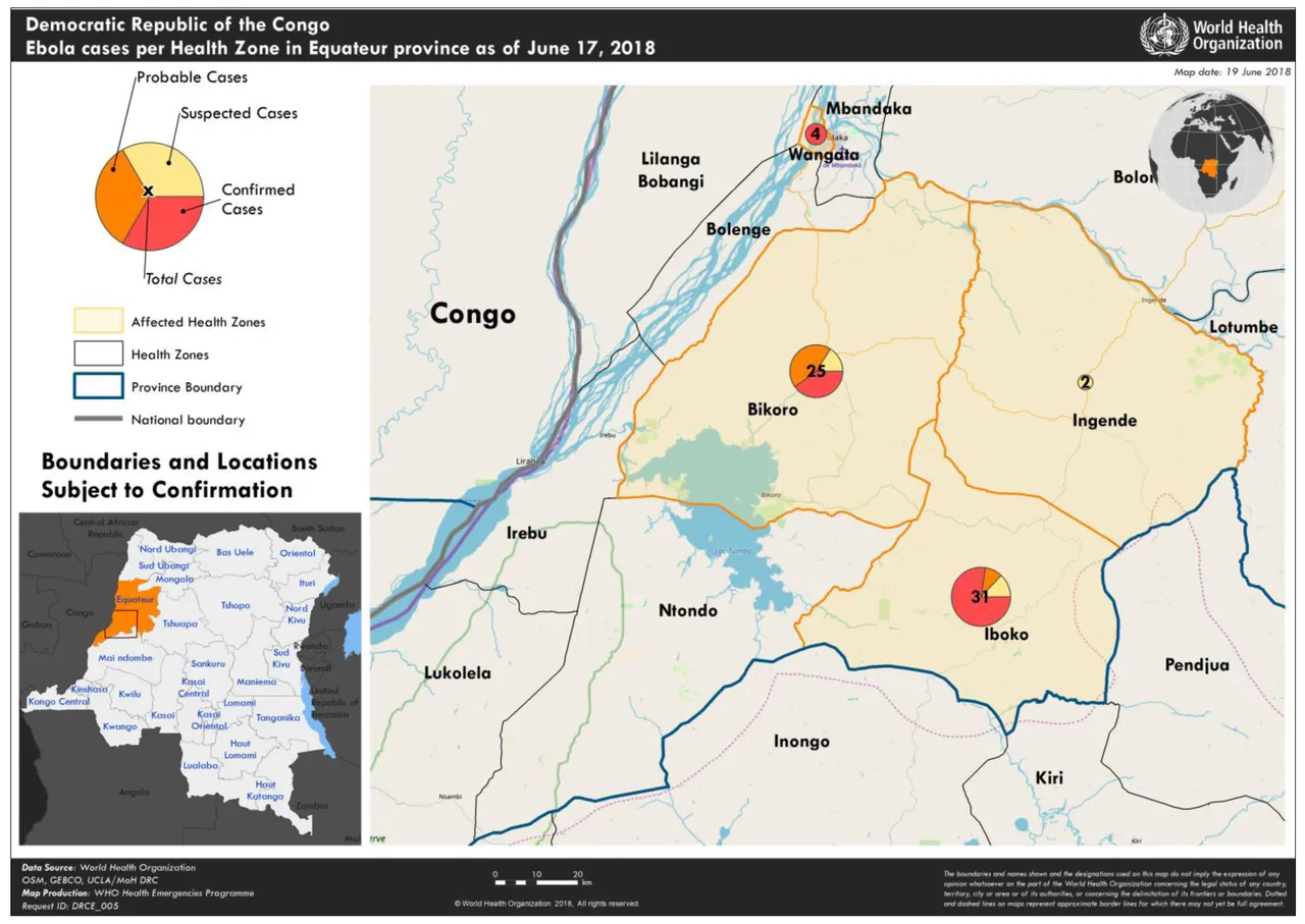 Mappa dei casi (confermati, sospetti e probabili) di Ebola registrati nella provincia nordoccidentale dell&rsquo;Équateur nella Repubblica Democratica del Congo dall'8 maggio scorso al…
