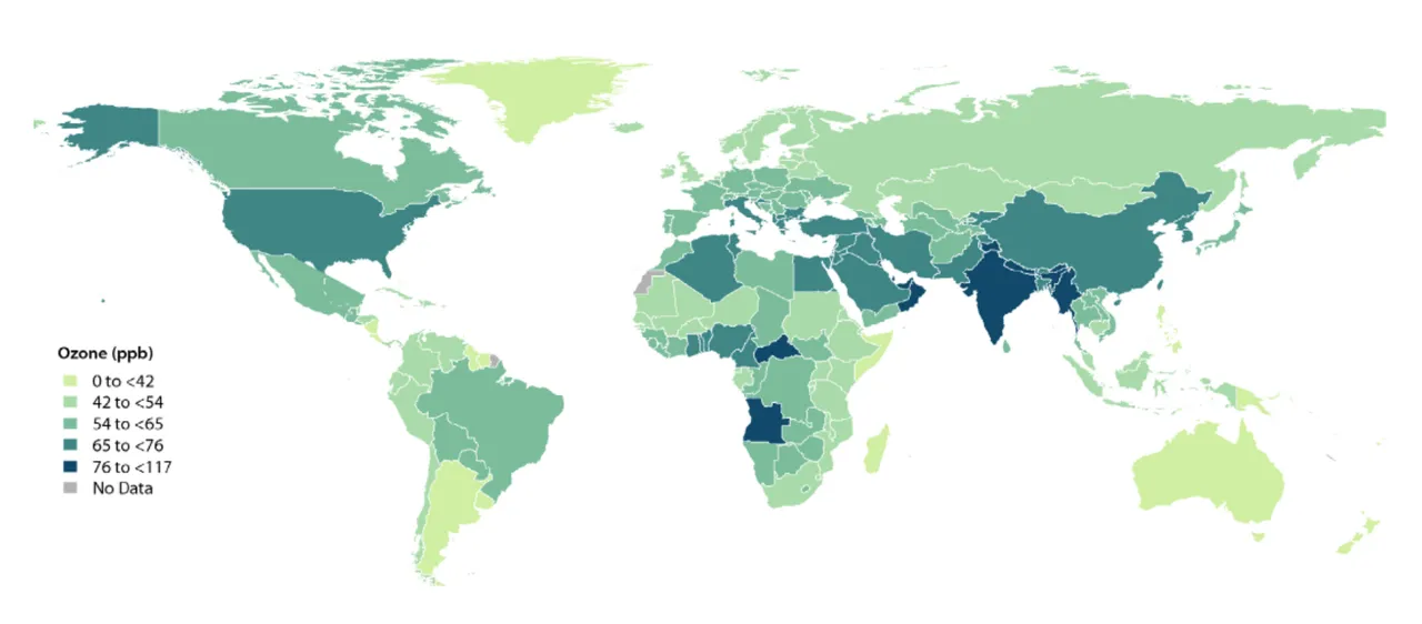 Figura 7. Livelli medi di concentrazione di O₃ a livello globale (Credit: Health Effects Institute, 2018. State of Global Air 2018. Special Report. Boston, USA)
