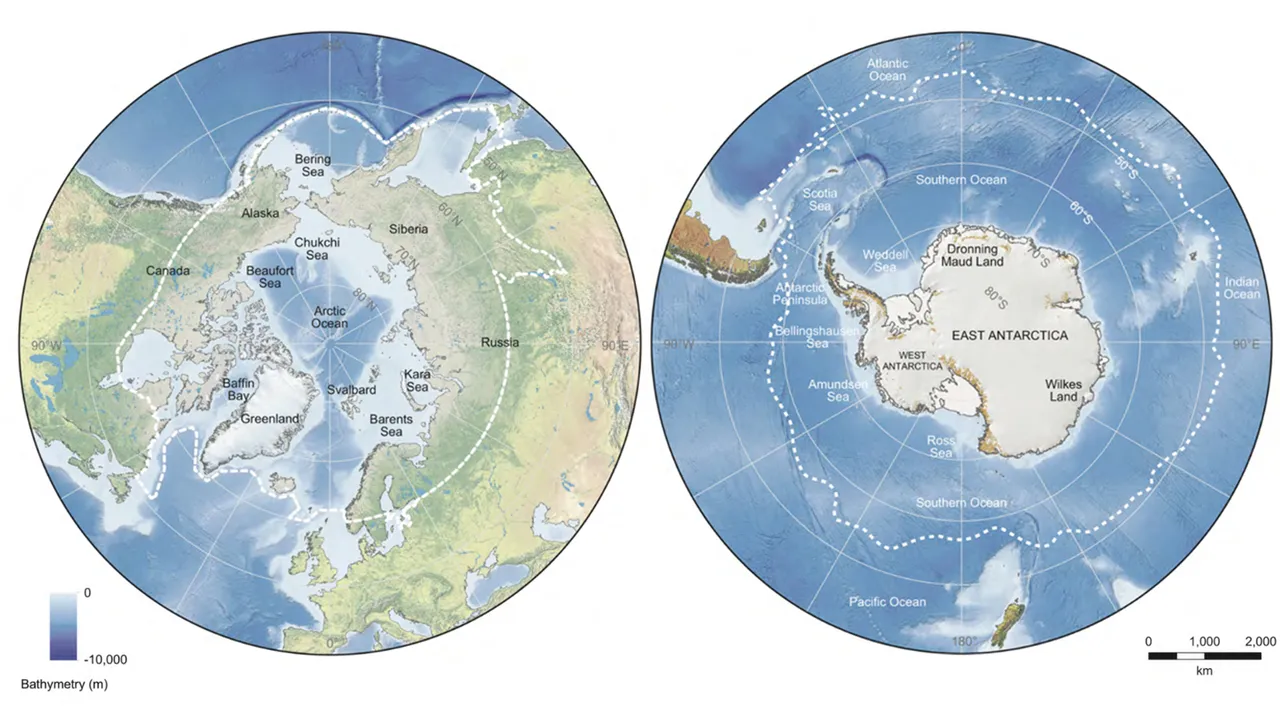 Figura 2 Mappa delle regioni polari dell’Artico (a sinistra) e dell’Antartico (a destra). Nel testo sono contrassegnati diversi nomi di località a cui si fa riferimento nel testo.…