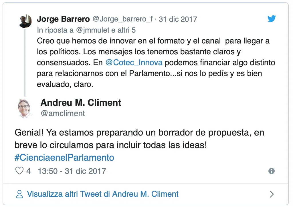 Post Twitter iniziativa Ciencia e nel Parlamento