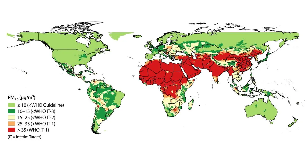 Figura 5. Livelli di concentrazione media annuale di PM2,5 (particolato atmosferico fine, più comunemente dette polveri sottili) espressi in mg/m³ nelle diverse aree del pianeta