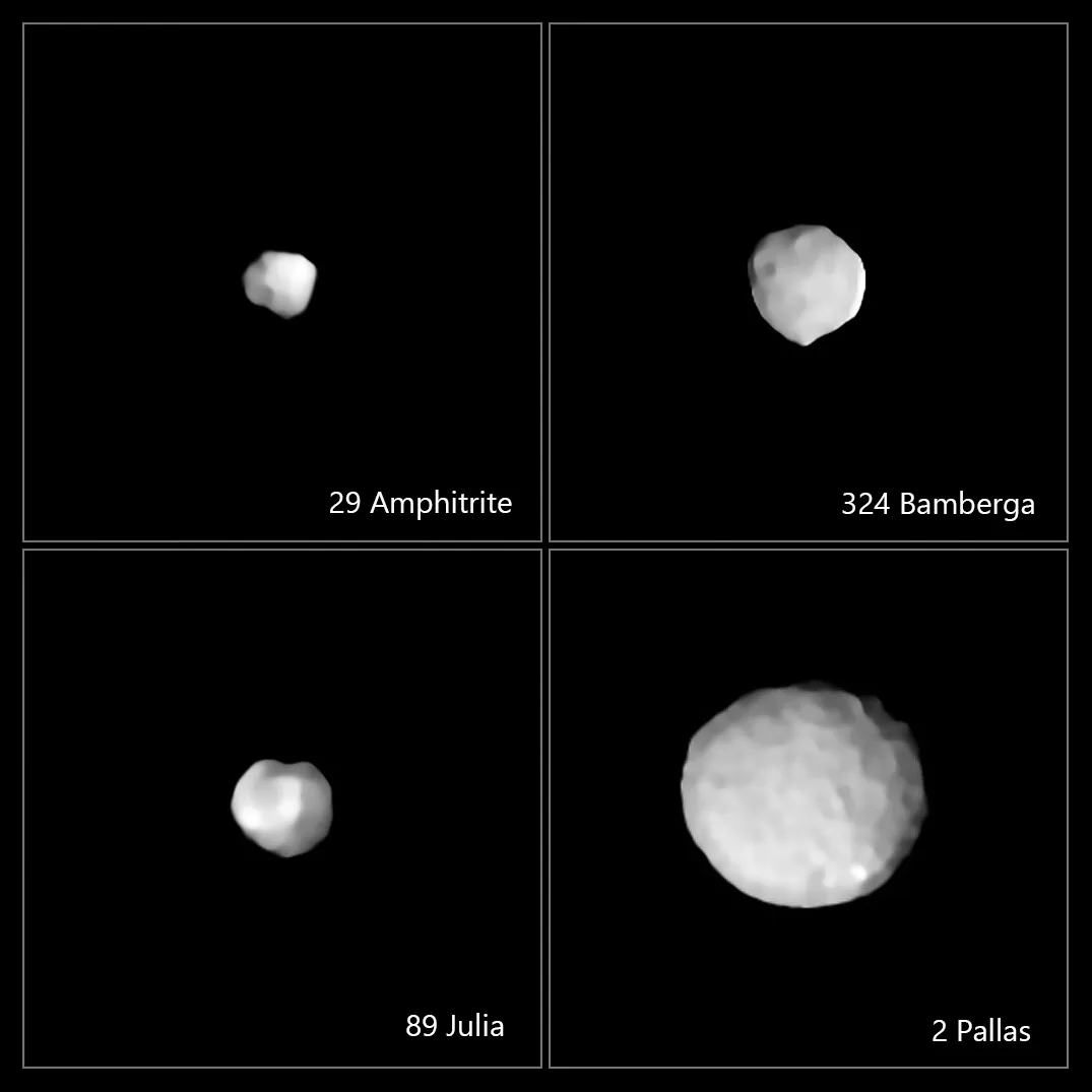 Grazie a SPHERE possiamo osservare in modo sorprendentemente dettagliato l’aspetto superficiale di alcuni asteroidi. Nell’immagine, diffusa nel dicembre 2017, vediamo: Amphitrite…