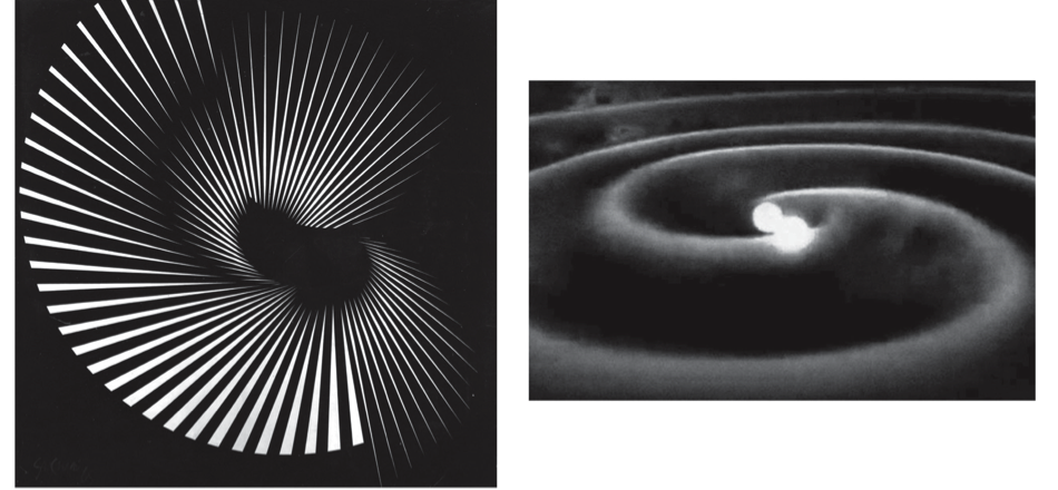 A sinistra, Franco Grignani, Trauma spaziale, 1965 (cortesia di Daniela Grignani). A destra, due buchi neri coalescono sprigionando le onde gravitazionali registrate il 14…