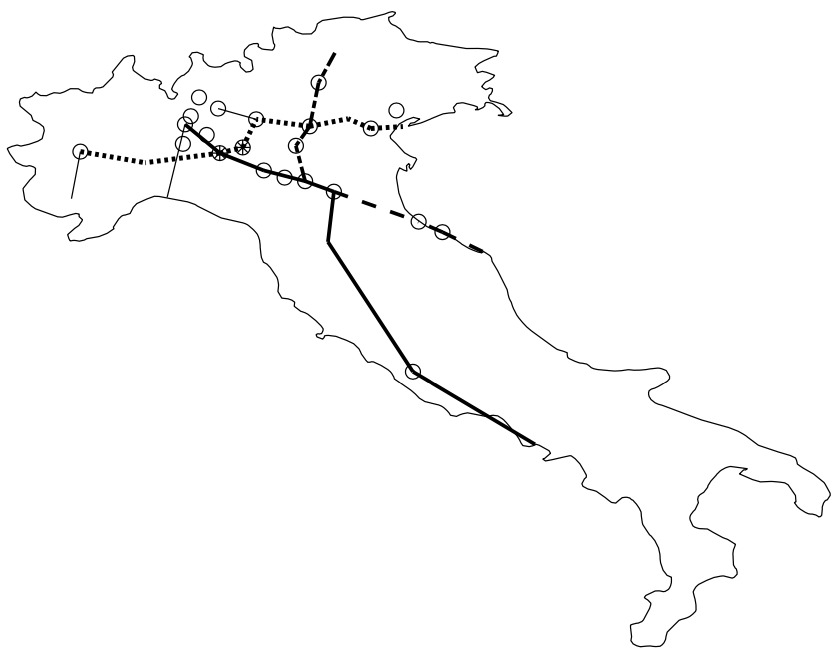 Figura 5. Distribuzione spaziale delle province italiane che al 25 marzo avevano più di 1.000 contagiati osservati