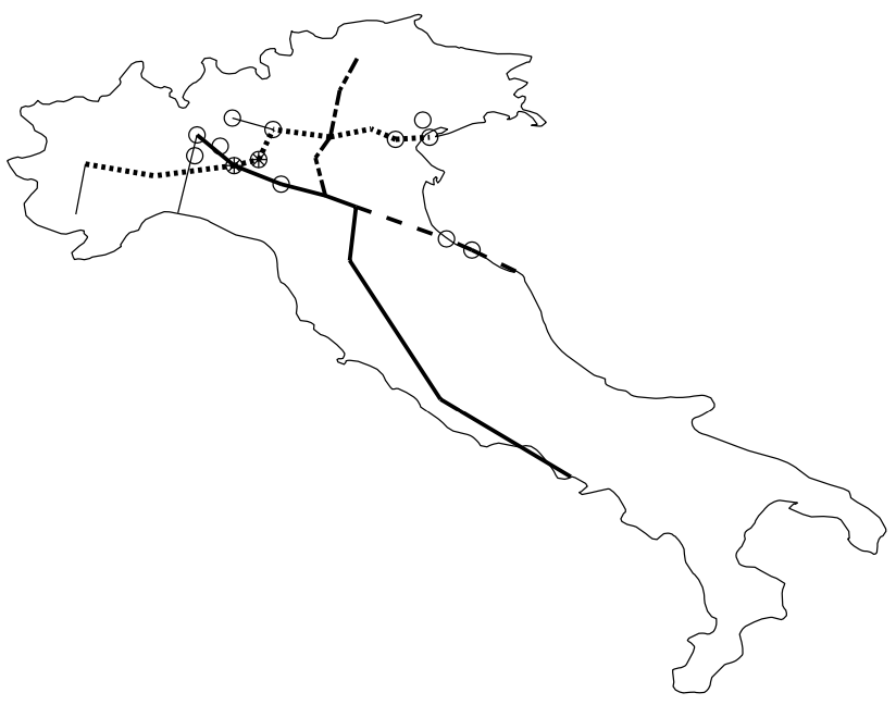 Figura 7. Distribuzione spaziale delle province italiane che al 13 marzo avevano più di 250 contagiati osservati