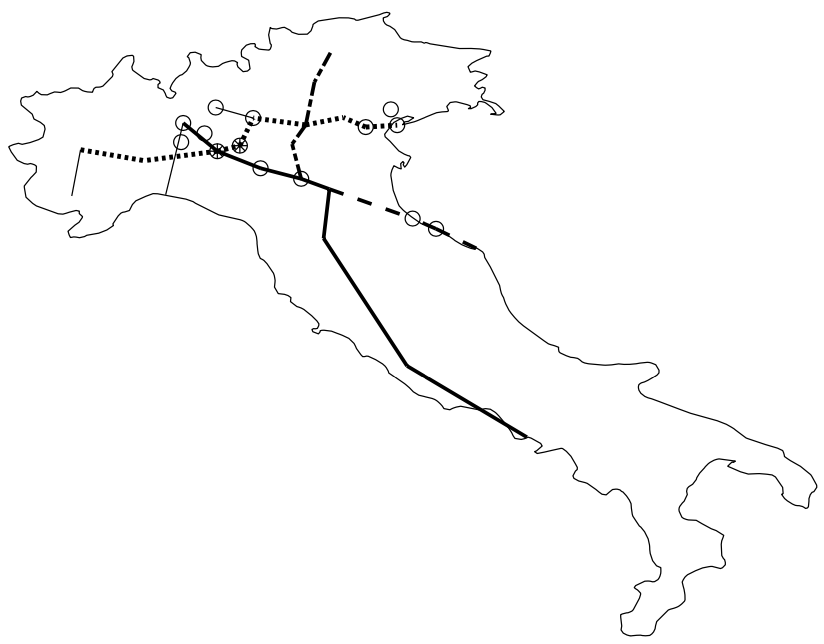 Figura 8. Distribuzione spaziale delle province italiane che al 9 marzo avevano più di 125 contagiati osservati