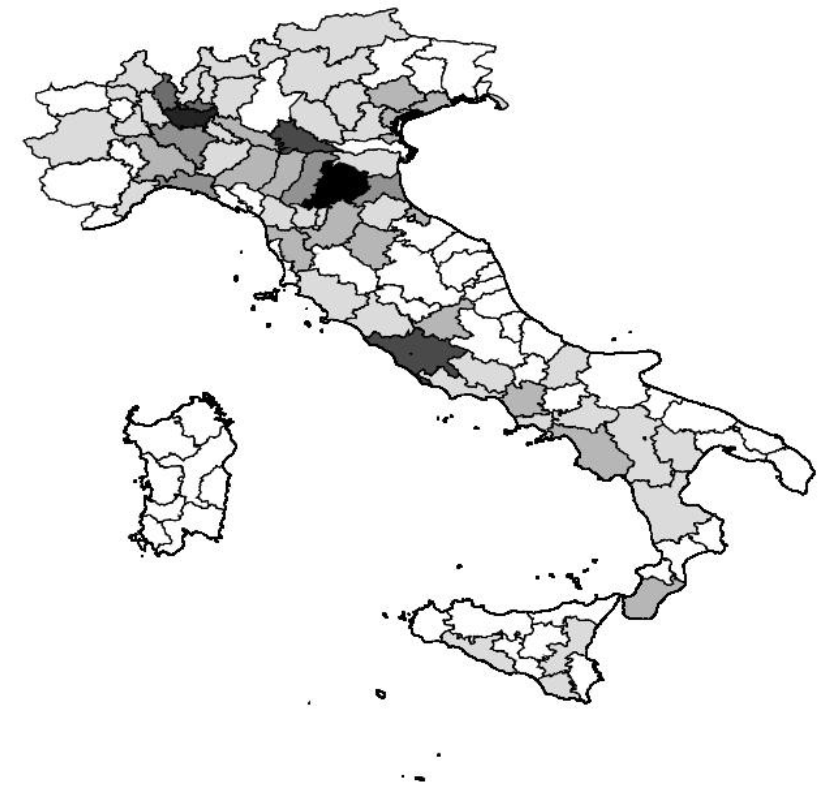 Figura 2. Distribuzione spaziale del numero di focolai nelle province italiane nel periodo dal 1 giugno al 23 luglio 2020. L’intensità della colorazione aumenta con il crescere…