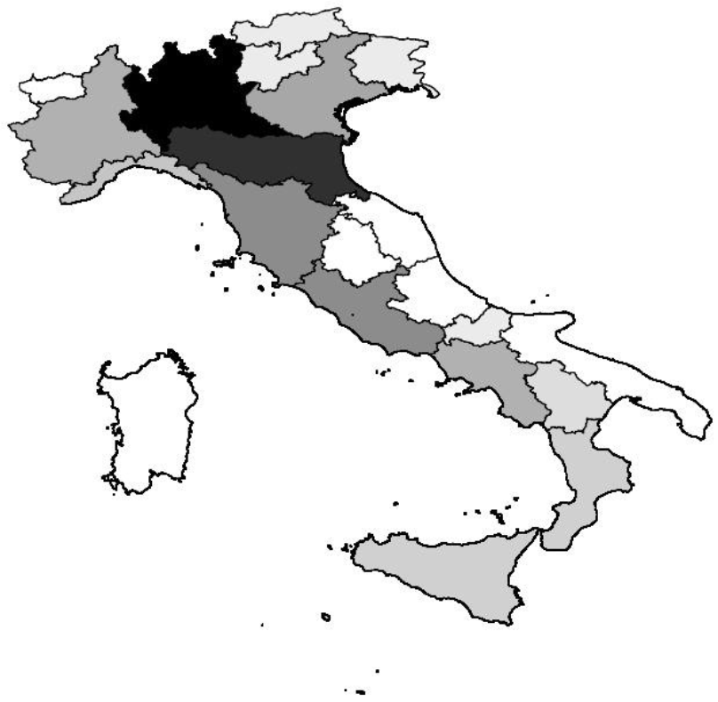 Figura 3. Distribuzione spaziale del numero di focolai nelle regioni italiane e nelle due province di Bolzano e Trento nel periodo dal 1 giugno al 23 luglio 2020. L’intensità…