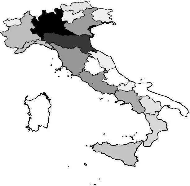 Figura 2 Distribuzione spaziale del numero di focolai nelle province italiane nel periodo dal 1 Giugno al 31 Luglio 2020. L’intensità decresce al crescere del numero di focolai…