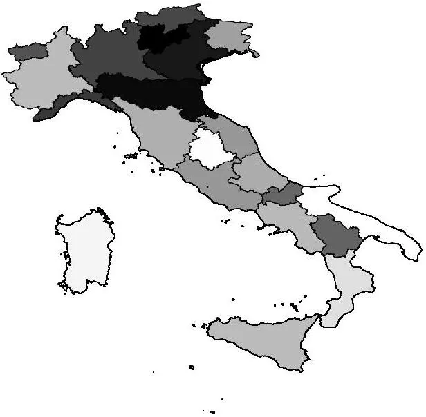 Figura 6 Distribuzione spaziale dell’aumento, dal 13 al 31 Luglio 2020, del numero totale di casi per 100,000 abitanti nelle regioni italiane e nelle due province autonome di…