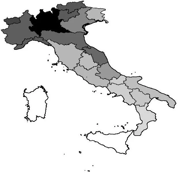 Figura 1. Mappa delle regioni italiane rappresentate con intensità decrescente al crescere della percentuale di sieroprevalenza per il coronavirus