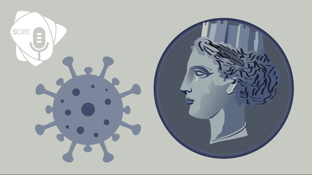 Illustrazione in grigio e azzurro: il disegno di un virus accanto a una moneta con il profilo dell'Italia turrita.