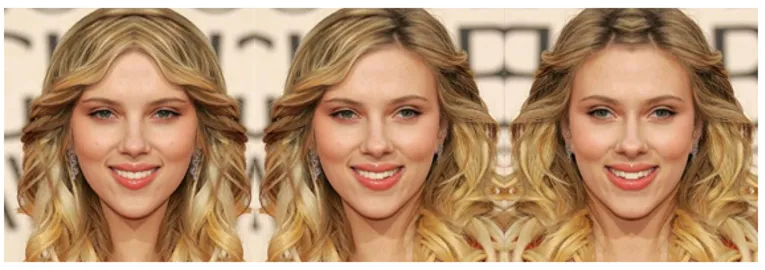 Figura 2. L’immagine del volto naturale dell’attrice Scarlett Johansson, al centro, è più attraente delle altre due immagini che la rappresentano: a sinistra, il volto ottenuto…