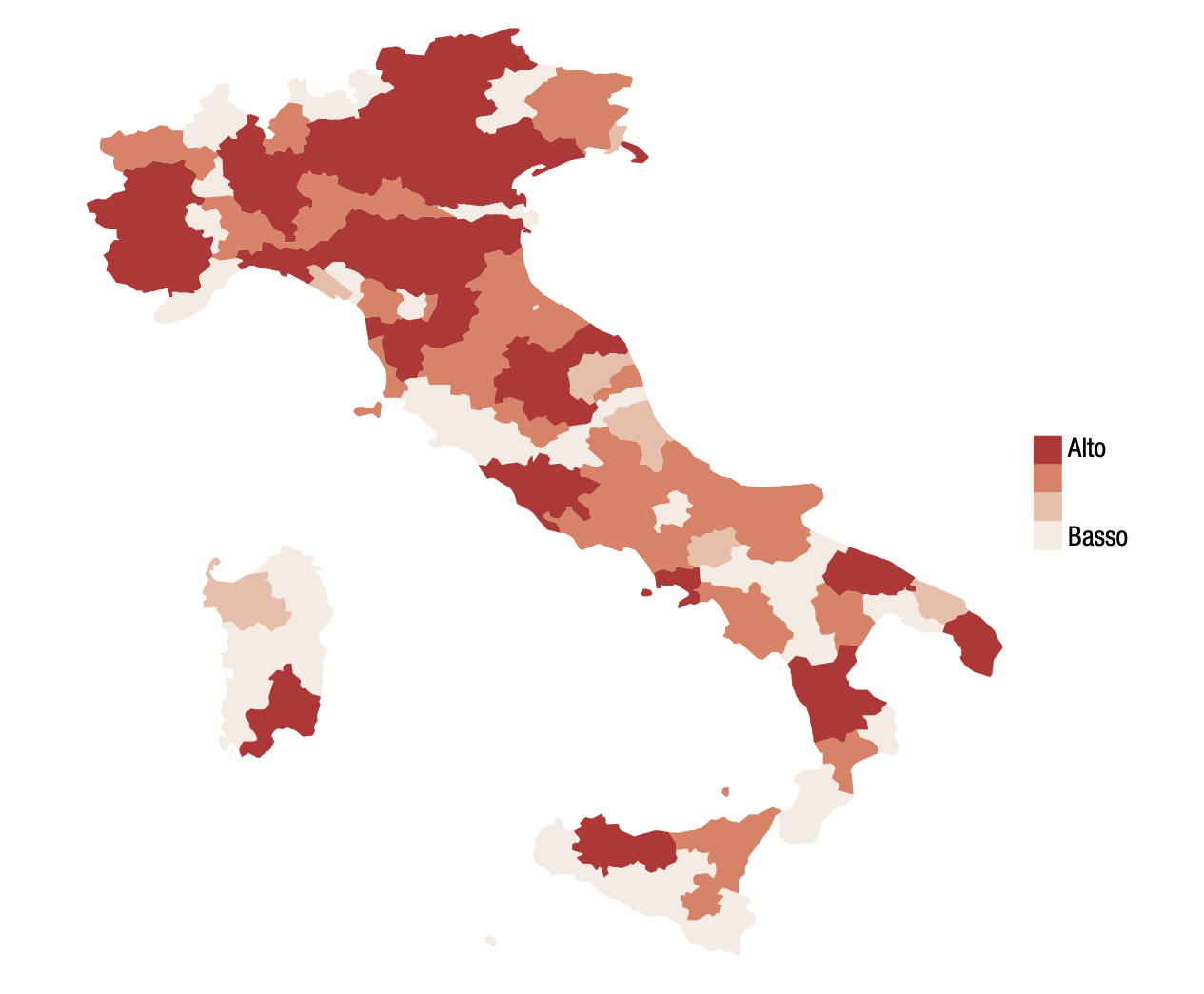 Figura 1. Indice di eterogeneità delle organizzazioni partecipanti ai progetti H2020 per provincia